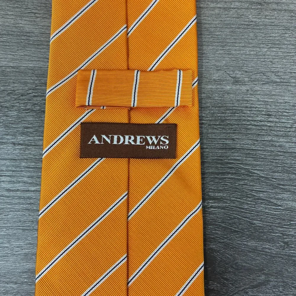 Andrews Milano 100% Silk Tie Orange White Navy Stripe 3